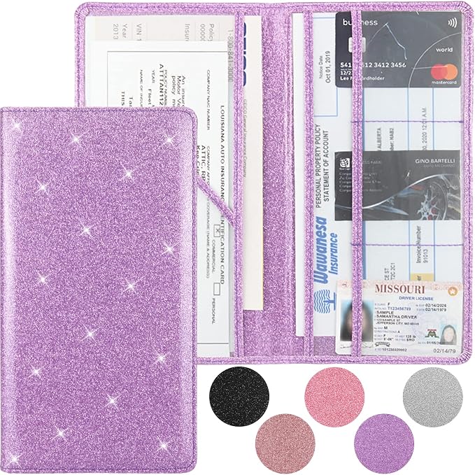 Car Registration and Insurance Holder, Premium Leather Insurance and Registration Holder,vehicle Glove Box Car Organizer, with Magnetic Shut for Cards, Driver License (Glitter Purple)