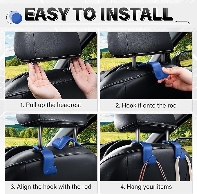SINGARO 4 Pack Car Seat Headrest Hooks, Vehicle Back Seat Hanger Storage Organizer for Purse Handbag Backpack Coat Grocery, 360° Rotating Heavy Duty Holds 44lbs, Blue