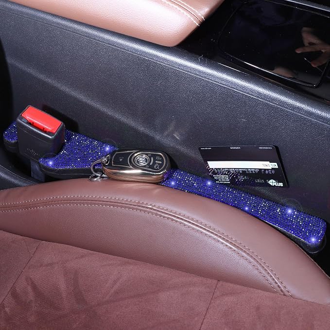 Briwill Bling Blue Car Seat Gap Filler 2 Pack Handmade Crystal Rhinestone Diamond Blue Gap Filler for Car SUV Truck Blue Bling Car Accessories for Women(Blue)