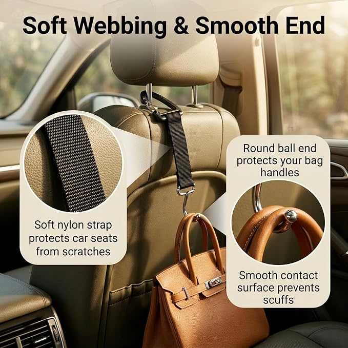 Car Headrest Hooks 2 Pack, Heavy Duty Metal Purse Holder for Car, Adjustable Seat Back Organizer for Handbags, Grocery Bags & Accessories, Universal Fit Front & Rear Seats