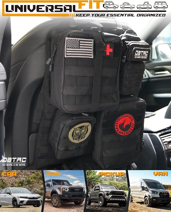 DBTAC Tactical Molle Car Seat Organizer | Vehicle Back Panel with 5X Detachable Pouches, US Flag & Writable Reflective Patch for Cars, Trucks, SUVs, Sedans