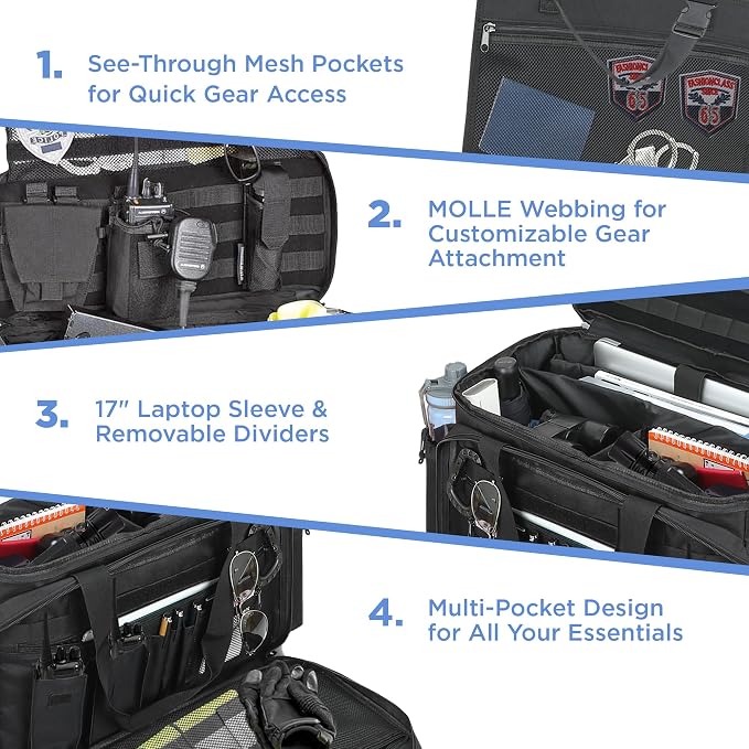 Patrol Bag Law Enforcement Car Front Seat Organizer, 17" Laptop Sleeve, MOLLE, Cup Holder, Water Resistant, Multiple Pocket Tactical Police Gear and Duty Bag