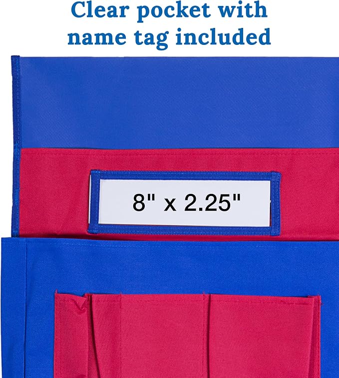 Carson Dellosa Chairback Buddy Pocket Chart―Blue and Red Desk Chair Seat Back Organizer With 6 Pockets for Classroom Supplies, Student Name Tag With Pocket (15" x 19")