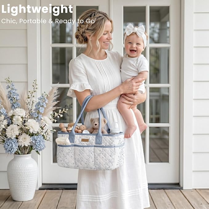 Konssy Floral Quilted Diaper Caddy Organizer, Diaper Caddy Basket with PU Leather Handles, Water-Repellent Nursery Storage Basket, Portable Car Organizer, Registry Search Must Haves (Blue Garden)