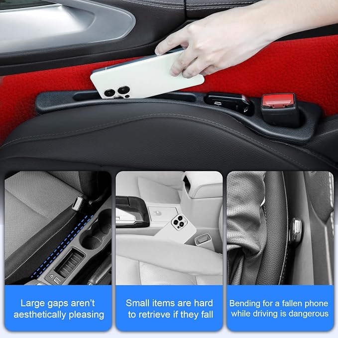 Car Seat Gap Filler 2 Pack, Built-in Storage Slot & Seat Belt Pass-Through Design, No-Readjust Gap Blocker Organizer for SUV Truck Sedan, Universal Fit Car Interior Accessories-487