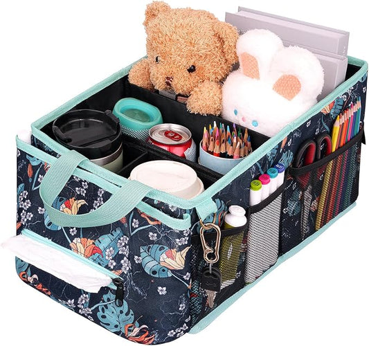 HEYSKAY Car Seat Organizer-Passenger Seat Organizer, Collapsible Small Car Seat Organizer for Console Front/Back, Car Caddy with 4pc Drink Holders Automotive Backseat Organizer for Kids