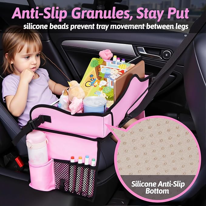 OUOZZZ Kids Travel Tray for Car, Girl's Safety Seat Table | Weight-Relief Strap, Non-Skid Silicone Base, Waterproof Dining/Craft Mat, Carseat/Airplane Lap Desk