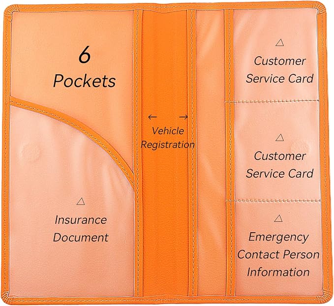 Car Registration and Insurance Holder, Premium Pu Leather Vehicle Glove Box Organizer - for Driver License, Cards & Essential Documents (L-Orange)