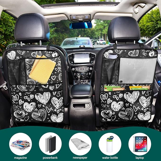White Dodle Hearts 1 Pack Backseat Car Organizer with Storage Pockets Seat Back Organizers for Kids Kick Mats Backseat Protector Automotive