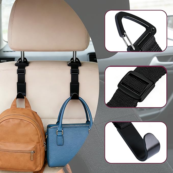 Adjustable 4-Pack Car Headrest Hooks - Universal Seat Back Organizer with Heavy-Duty Clip for Purses, Bags & Groceries Black