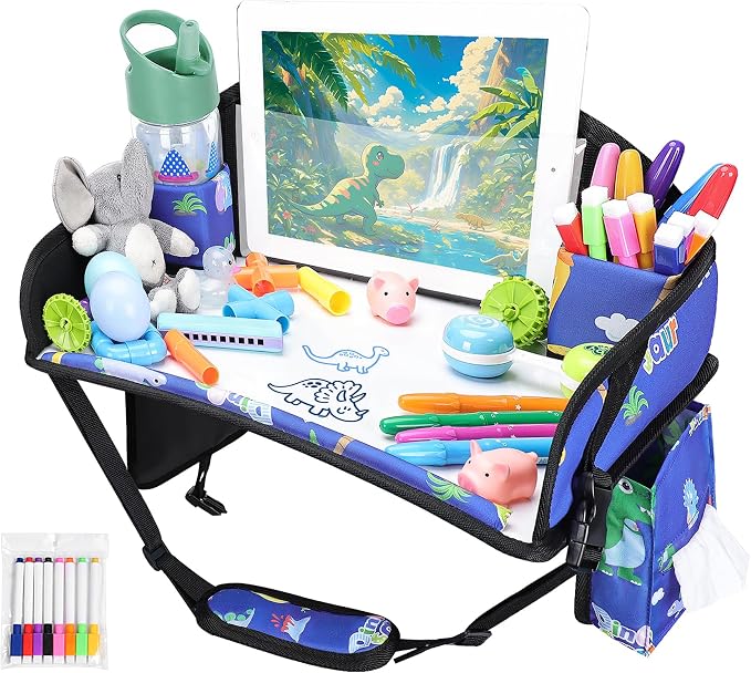 Kids Travel Tray for Airplane - Toddler Car Seat Table Tray, Road Trip Essentials for Boys & Girls, Carseat Lap Desk for Kids Road Trip Activities,Blue Dinosaur