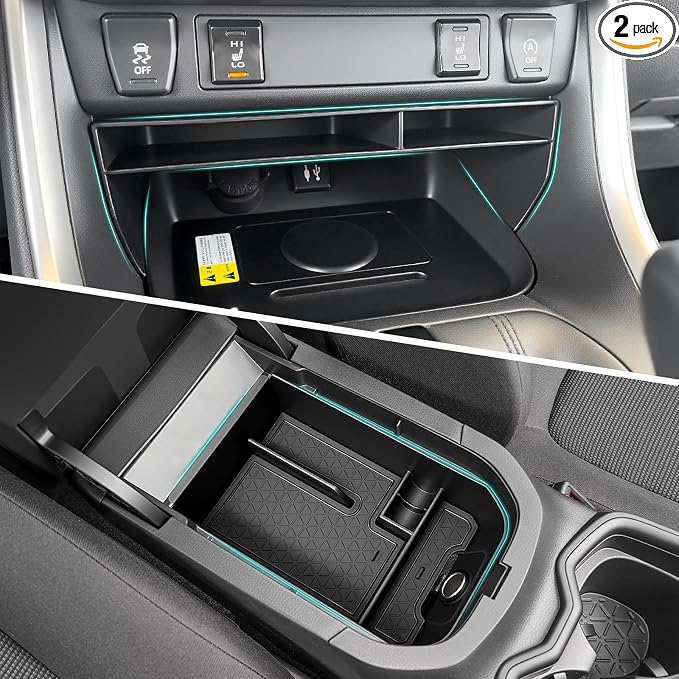 2PCS Center Console Organizer Tray Compatible with 2019-2025 Toyota RAV4 & Prime Accessories, ABS Material Insert Gear Shift Divider Slot & Armrest Storage Box for RAV-4 Interior Accessories