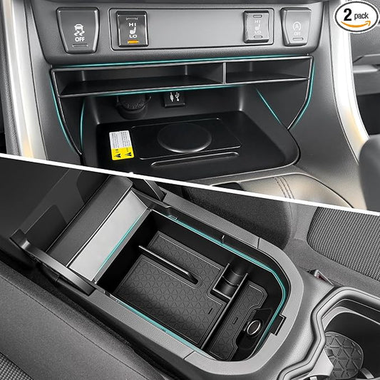 2PCS Center Console Organizer Tray Compatible with 2019-2025 Toyota RAV4 & Prime Accessories, ABS Material Insert Gear Shift Divider Slot & Armrest Storage Box for RAV-4 Interior Accessories