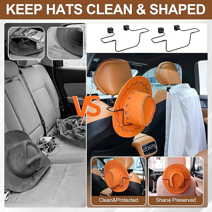 2 Pack Cowboy Hat Holder Rack for Truck SUV,Foldable Car Hat Holder, Car Clothes Hanger Bar Coat Hanger for Truck Seat Accessories, Automotive Seat Back Storage Organizer - Easy to Install