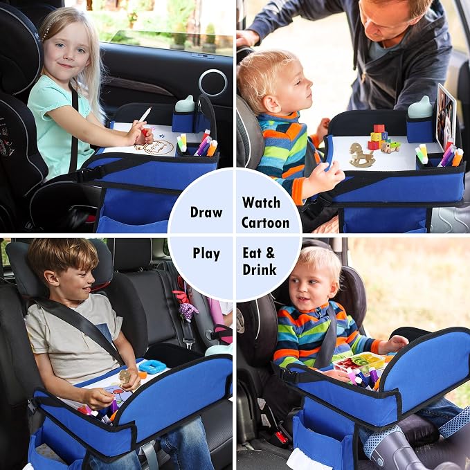 Kids Travel Tray for Airplane - Toddler Car Seat Table Tray, Road Trip Essentials for Boys & Girls, Carseat Lap Desk for Kids Road Trip Activities(Navy Blue)