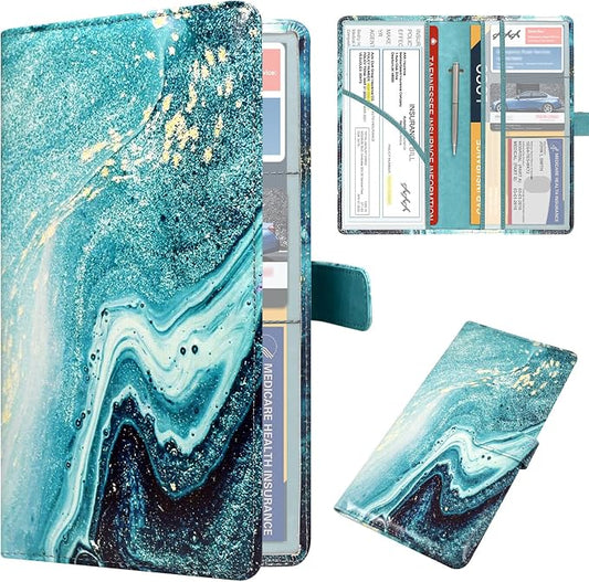 DMLuna Car Registration and Insurance Holder, Leather Vehicle Card Document Glove Box Organizer, Auto Truck Compartment Accessories for Essential Information, Driver License Cards, Blue/Green Marble