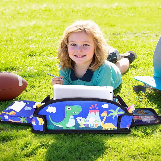 Kids Travel Tray for Airplane - Toddler Car Seat Table Tray, Road Trip Essentials for Boys & Girls, Carseat Lap Desk for Kids Road Trip Activities,Blue Dinosaur