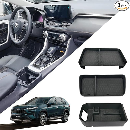 Upgrated 3PCS Center Console Organizer for Toyota RAV4 2026 2025 2024 2023 2022-2019 ABS Dashboard Storage Organizer, Console Divider Storage Tray, Armrest Storage Box for RAV 4 Interior Accessories