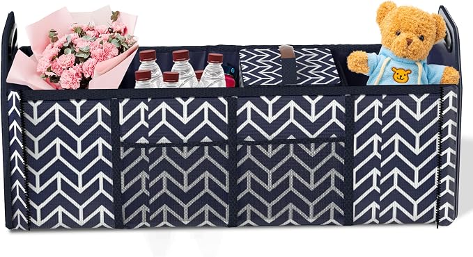 Trunk Organizer for car, Foldable Car Storage Bag Portable Insulation Cooler Bag Collapsible Vehicle Organizer Divider Storage Totes with 4 Compartment Cargo Tote for Groceries Caddy SUV, Navy Blue