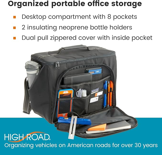 High Road Car Office Organizer - Front Seat Organizer with Desk Supplies Compartment, Laptop Sleeve, 2 Bottle Holders, Storage Cover and Padded Shoulder Strap for Cars, Trucks and Patrol Vehicles