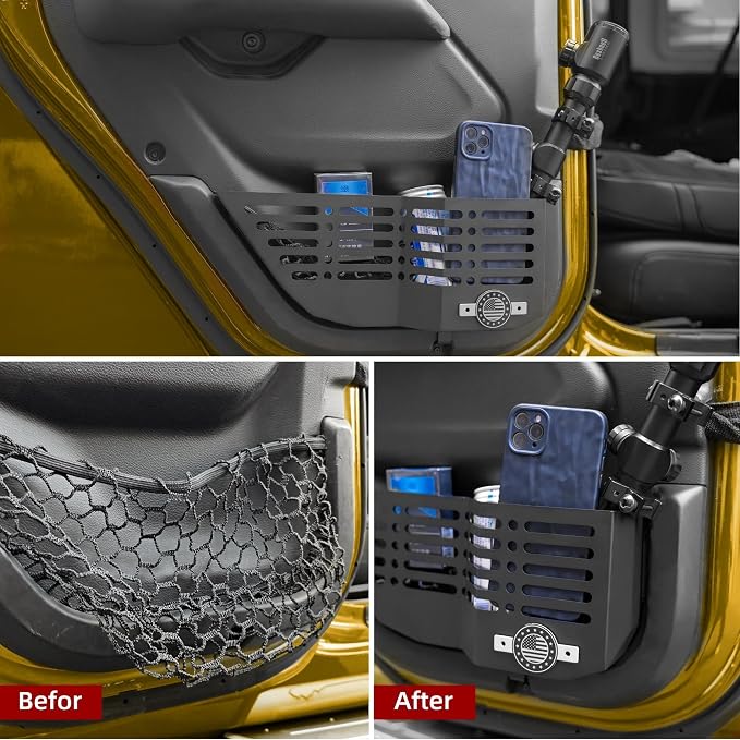 2Pcs Metal Rear Door Storage Box for Jeep Wrangler JL JLU 4XE 2018-2024 & Gladiator JT 2020-2024 Interior Storage Expansion Rear Door Storage Pockets Side Insert Organizer Accessories