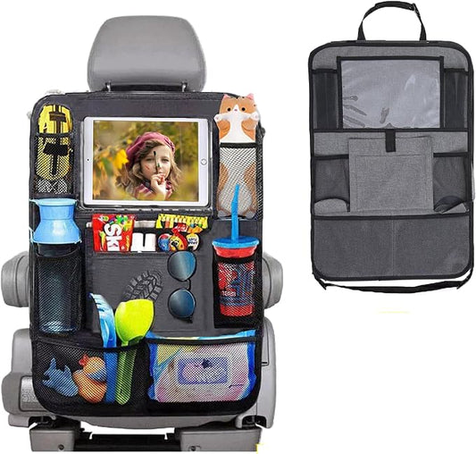 Car Backseat Organizer with tablet holder,1Pcs Kick Mats Back Seat Protector with 9 Storage Pockets Travel Accessories Easy to Clean GREY