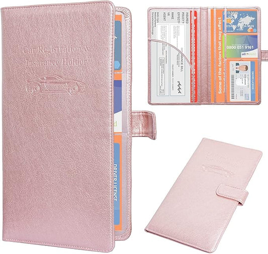 DMLuna Car Registration and Insurance Holder, Leather Vehicle Card Document Glove Box Organizer, Auto Truck Compartment Accessories for Essential Information, Driver License Cards, Rose Gold
