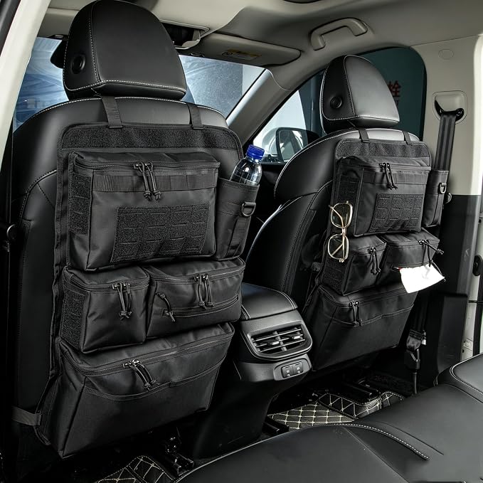 6 Pack Tactical Molle Car Seat Back Organizer - Tactical Vehicle Panel Organizer with 5 Detachable Molle Pouch,US Flag Patch and Keychain,Great Trunk Accessories for Man