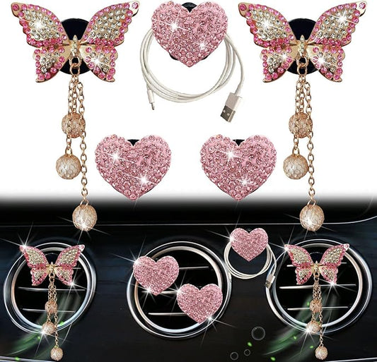 Pink Heart & Butterfly Air Vent Clips, 4 Pcs Bling Heart & Butterfly Air Fresheners Vents Clips Diamond Car Interior Decor Bling Cute Pink Car Accessories Decoration for Women + Heart Mask Hook