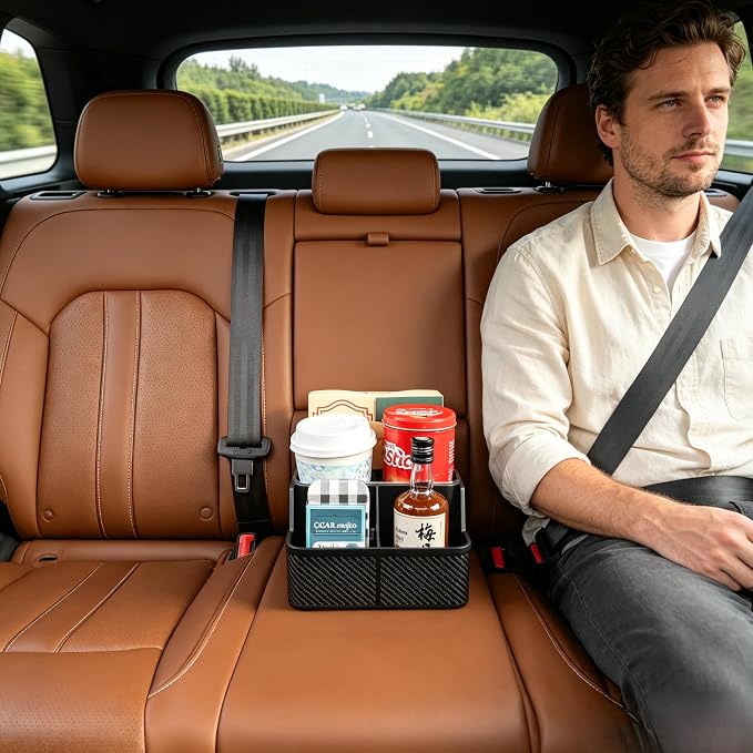 Car Front Seat Organizer with Compartment,Center Console Organizer,Car Armrest Storage Box,Back Seat Cup Holder Tray,Between Seat Small Caddy with Phone Holder for Truck,SUV,Van (Black)