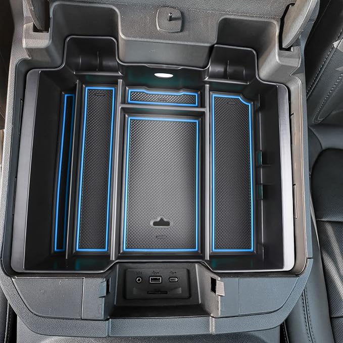 [Full-Coverage Center Console Organizer Compatible with 2019-2022 Chevy Silverado 1500/GMC Sierra 1500 and 2020-2023 Silverado/Sierra 2500/3500HD Accessories, Armrest Insert Tray, Blue