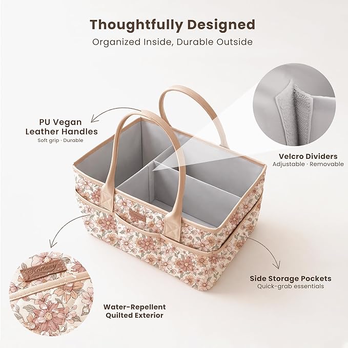 Konssy Floral Quilted Diaper Caddy Organizer, Diaper Caddy Basket with PU Leather Handles, Water-Repellent Nursery Storage Basket, Portable Car Organizer, Registry Search Must Haves (Vintage Petals)