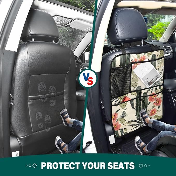 Retro Cactus Polynesia Flower 2 Pack Backseat Car Organizer with Storage Pockets Seat Back Organizers for Kids Kick Mats Backseat Protector Automotive