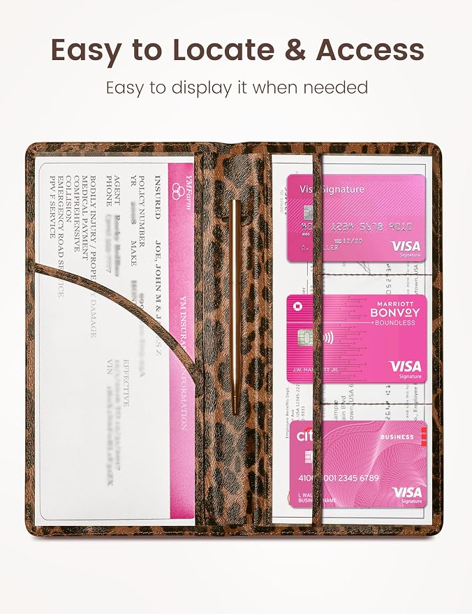 Yarnic Leopard Car Registration and Insurance Holder, Car Document Holder with Magnetic Closure, Car Organizer Vehicle Glove Box Compartment Organizer, Car wallet Case for Teens Men Women