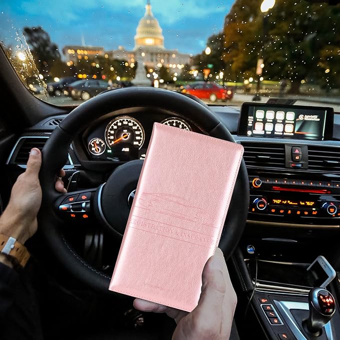 TOURSUIT Car Registration and Insurance Card Holder, Vehicle License Document Glove Box Compartment Organizer, Interior Car Accessories for Women Men (Rose Gold)
