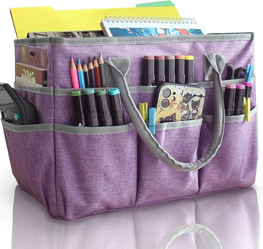 Cupohus Art Organizer Craft Storage Tote Bag with Pockets and Handles, Oxford Fabric Carrying Caddy for Teacher, Officer, Artist, Traveler –Purple