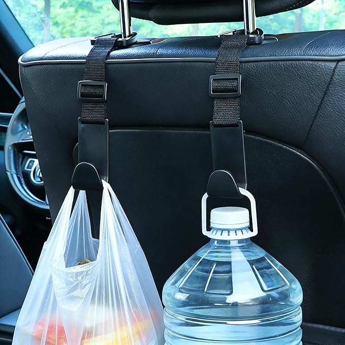 Adjustable 4-Pack Car Headrest Hooks - Universal Seat Back Organizer with Heavy-Duty Clip for Purses, Bags & Groceries Black
