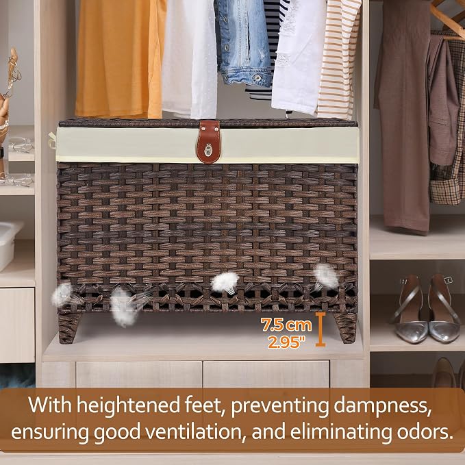 Honjourai Wicker Storage Basket with Lid,Rattan Shelf Basket with Removable Liner Bag,200L Storage Bin,Storage Trunk with Heightened Feet,Storage Container for Wardrobe,Home Organizer
