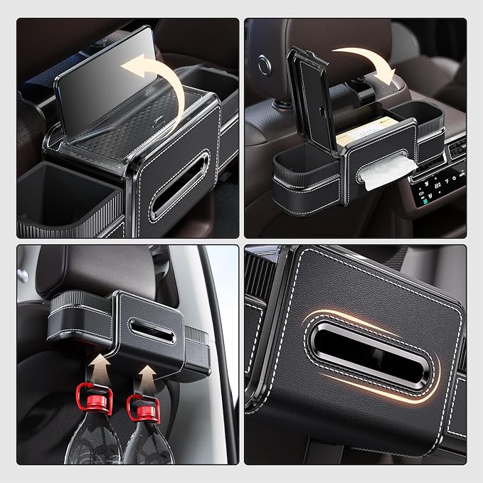 Multifunctional Car Seat Back Organizer Box with Drink Cup Holder, Makeup Mirror, Tissue Box& Hooks for Car Seat Back, New Upgrade Car Headrest Backseat Organizer Suitability for Wife, Girlfriend