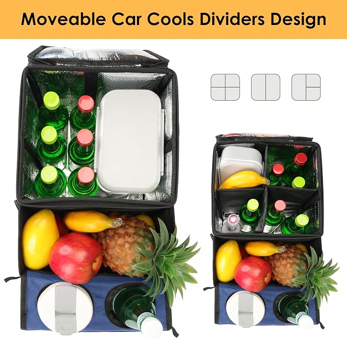 Backseat Organizer for Kids & Adults – Car Seat Cooler Warmer with 2-in-1 Writing Tray, Cup Holders & 11 Storage Compartments | Road Trip Car Organizer for Front & Back Seat (Black) (Navy Blue)