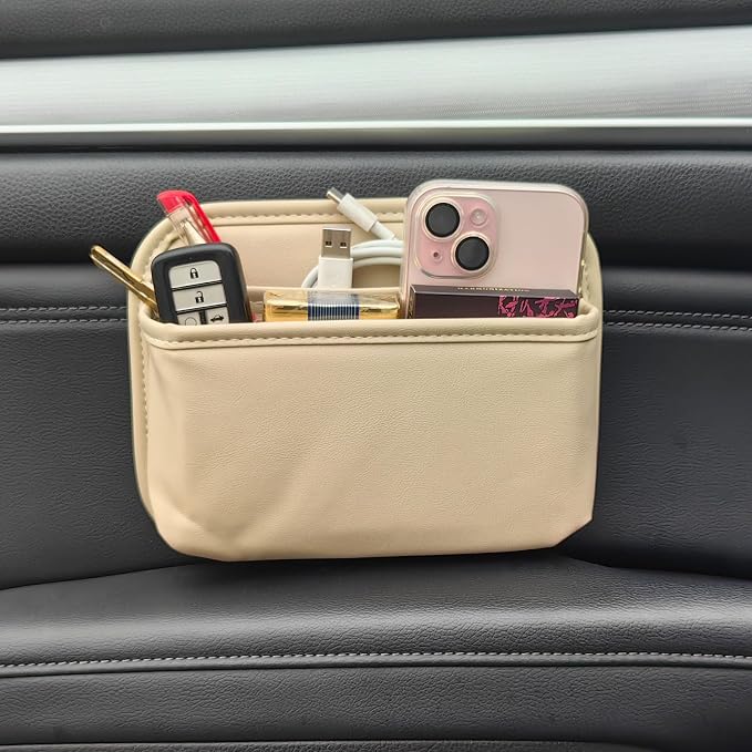 Driver's Car Storage Bag, Small Car Side Pocket Organizer for Car Seats, Doors and Consoles, PU Leather (Beige)