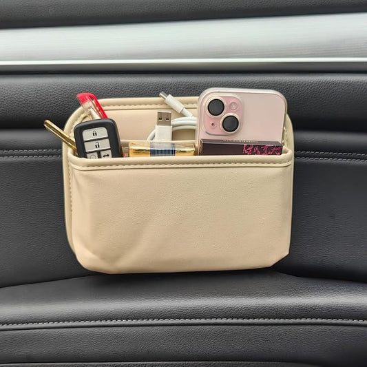 Driver's Car Storage Bag, Small Car Side Pocket Organizer for Car Seats, Doors and Consoles, PU Leather (Beige)