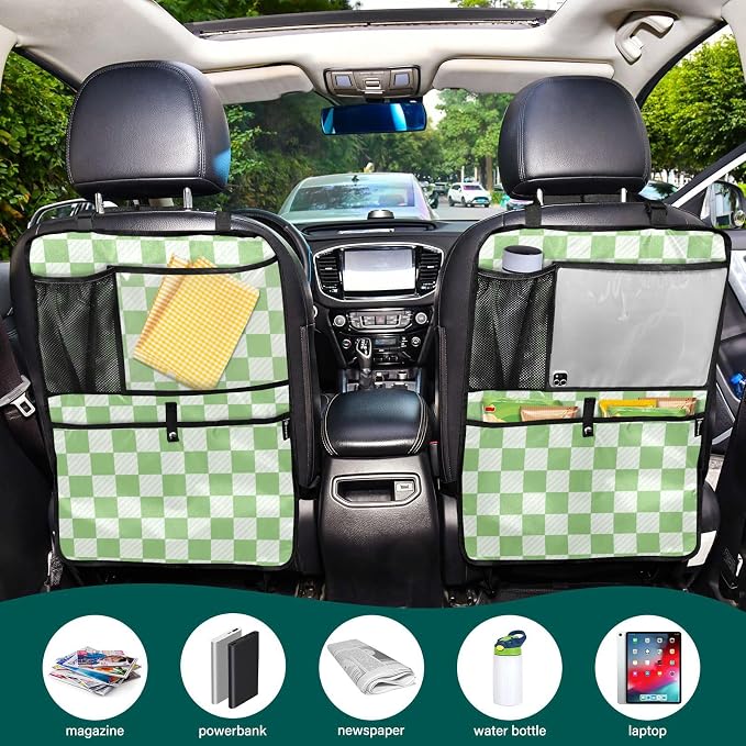 Checkered Light Green 1 Pack Backseat Car Organizer with Storage Pockets Seat Back Organizers for Kids Kick Mats Backseat Protector Automotive