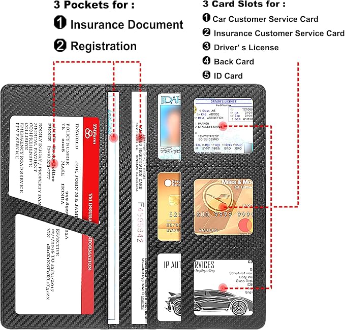 Car Registration and Insurance Holder, Premium Leather Insurance and Registration Holder,vehicle Glove Box Car Organizer, with Magnetic Shut for Cards, Driver License (Carbon Fiber Black-L)