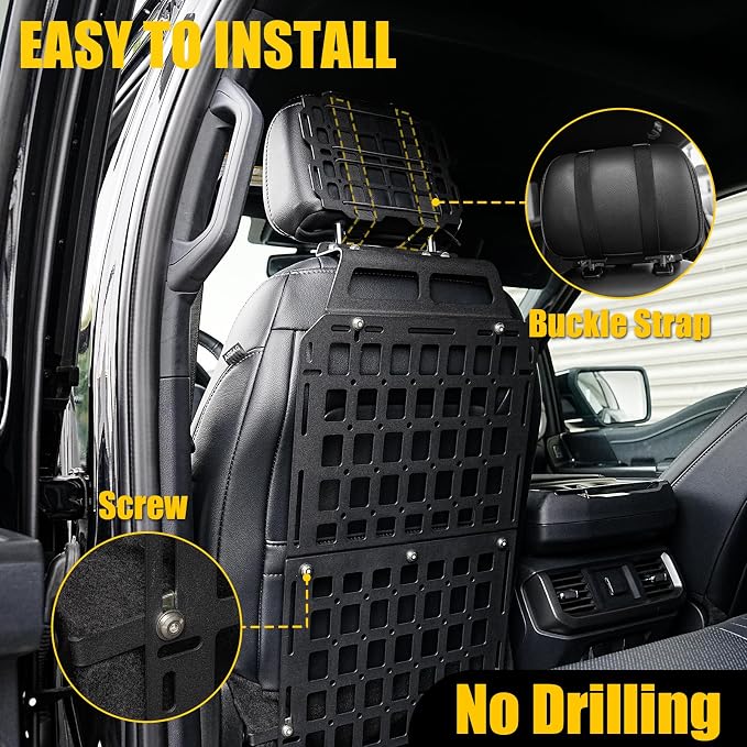 Tactical Seat Back & Headrest Molle Panel Compatible with 2015-2025 2026 Ford F150 Tactical Seat Back Organizers Rigid Headrest Molle Panel Storage Shelf for 2024 Ford F-150 Accessories (3PCS)