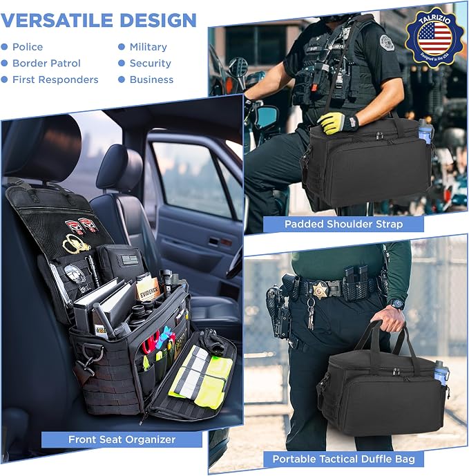 Patrol Bag Law Enforcement Car Front Seat Organizer, 17" Laptop Sleeve, MOLLE, Cup Holder, Water Resistant, Multiple Pocket Tactical Police Gear and Duty Bag