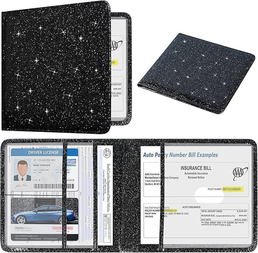 DMLuna Car Registration and Insurance Holder, Folio Leather Vehicle Card Document Glove Box Organizer, Auto Truck Compartment Accessories for Essential Information, Driver License Cards, Glitter Black