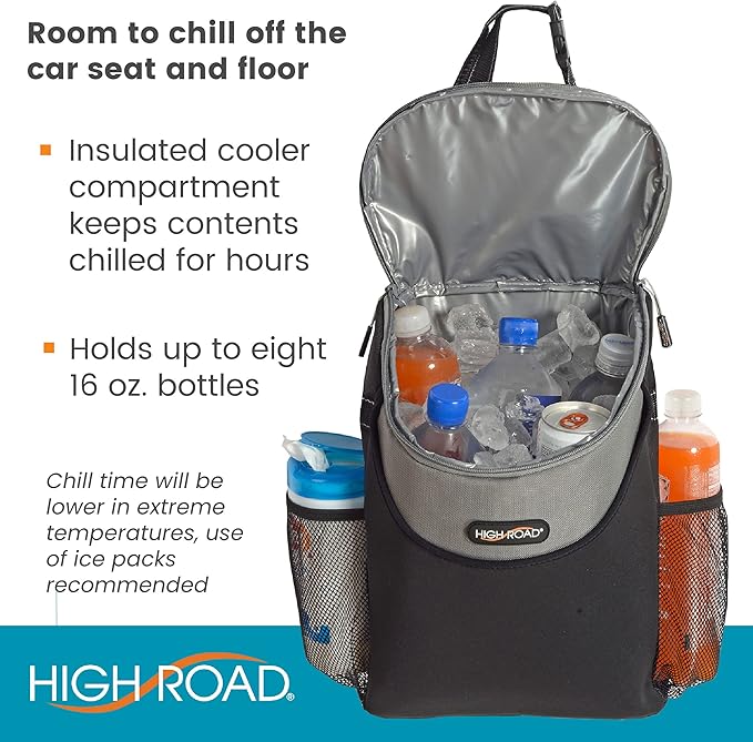 High Road Soft Car Cooler Bag for Cold and Hot Food Transport - Insulated Backseat Cooler Bag for Car, SUV, Truck or Van - Portable Soft Cooler with Storage Pocket and Bottle Holders
