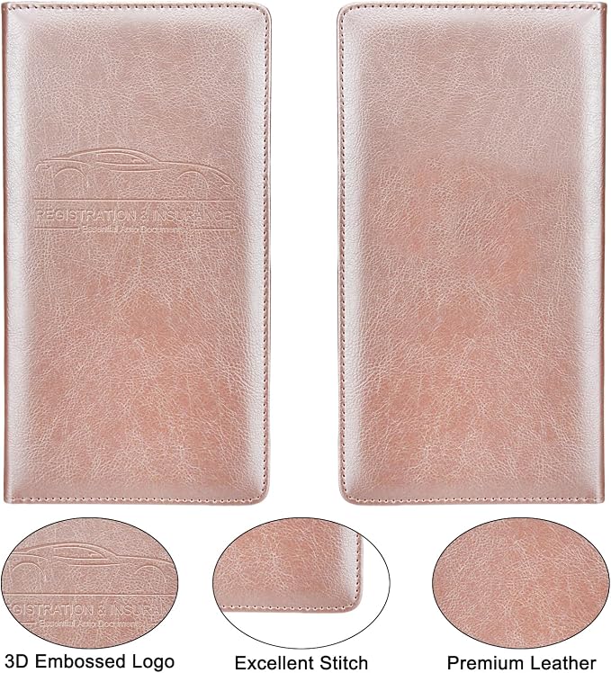 Car Registration and Insurance Holder, Premium Leather Insurance and Registration Holder,vehicle Glove Box Car Organizer, with Magnetic Shut for Cards, Driver License (Rose Gold)