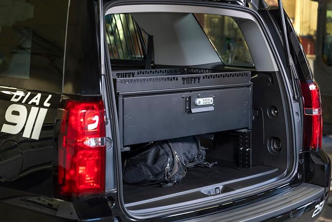 Tuffy Security Drawer with Shelf – Universal Fit for Mid-Sized SUVs | Heavy-Duty Locking Cargo Storage Box | Black Steel, 85 lb Capacity